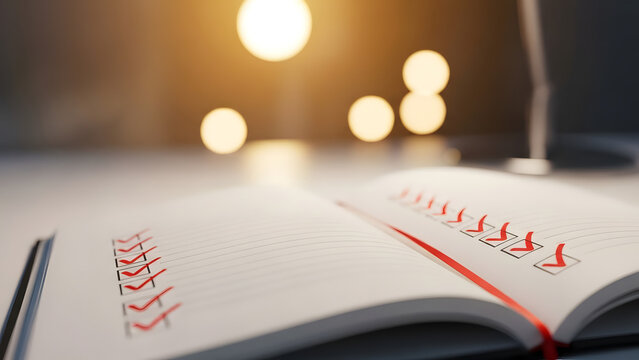 Checklist in open notebook with red check marks, productivity planning and task management concept, office desk with warm bokeh lights.
 - Powered by Adobe