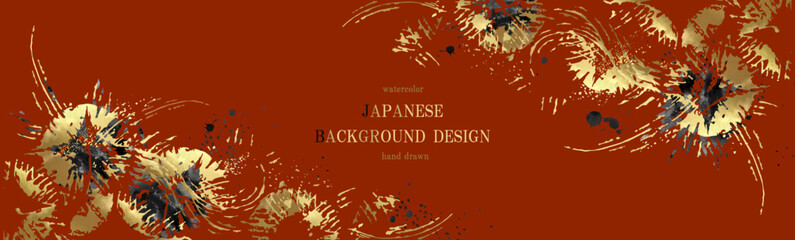 和風背景素材 金箔と墨の抽象デザイン 赤とゴールドの豪華なフレーム/ベクター、イラスト
