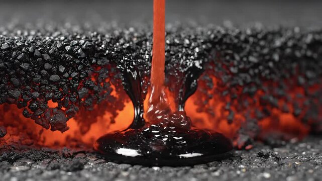 Molten Bitumen Flowing Over Glowing Hot Asphalt Surface Creating Viscous Droplets