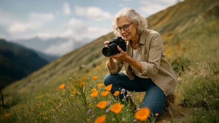 Senior woman kneeling in wildflower meadow taking closeup photos with DSLR camera, enjoying nature photography hobby during mountain hike.