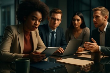 Diverse business team in formal wear working late around table with tablet and laptop, focused on strategy discussion in dimly lit office meeting room.