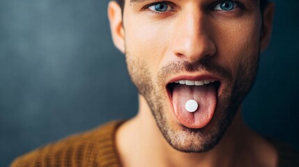 Young man holding small white tablet on tongue, taking medication for health, treatment, or drug abuse concept. Language