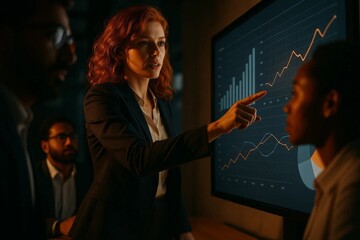 Female analyst presents growth charts on large digital screen, pointing at upward trend during business briefing and data strategy session.