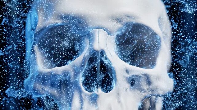 A glowing blue, abstract, swirling pattern resembling smoke or energy around a human skull on a dark background