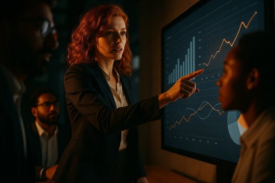 Female analyst presents growth charts on large digital screen, pointing at upward trend during business briefing and data strategy session. - Powered by Adobe