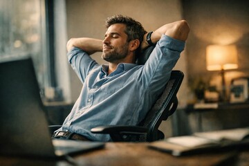 Relaxed businessman leaning back in office chair, eyes closed, taking break from work, calm moment in modern workspace.