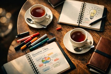 Brainstorming table with tea cups, notebooks and markers, creative planning session and business ideas concept top view.