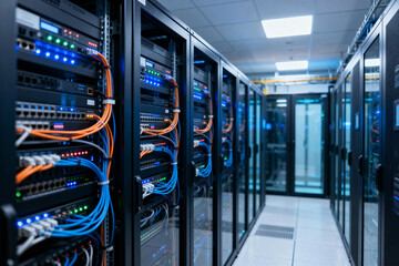 Server Room with Network Equipment and Cables