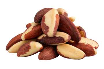 Pile of oval brazil nuts with brown skin and creamy white insides