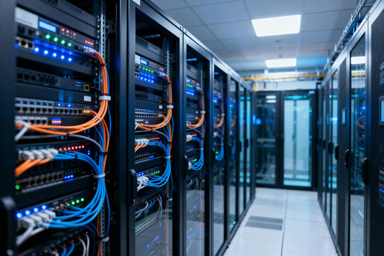 Server Room with Network Equipment and Cables - Powered by Adobe