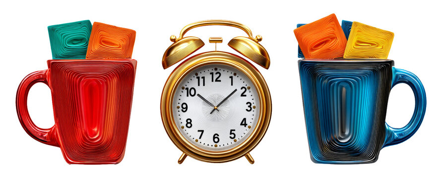 Colorful Mugs with Ice Cubes and Alarm Clock Illustrating Daily Routine Encouragement - Powered by Adobe