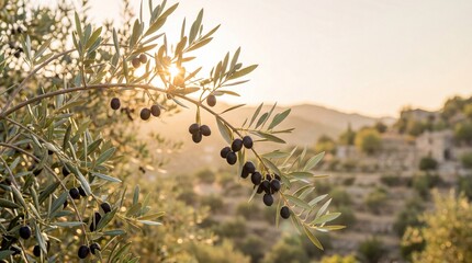 Olive branch with black olives under sunset in rural landscape  