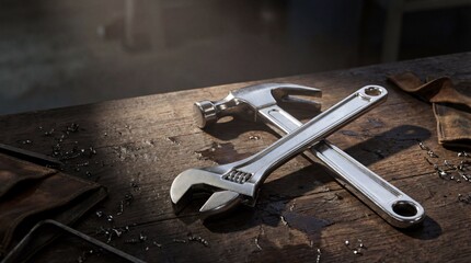 Two wrenches resting on a wooden workbench in workshop lighting  