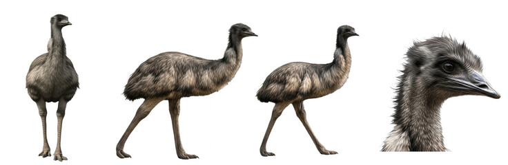 Set of Emu Bird Collection, Realistic Wildlife Animal Illustration in Different Poses, Isolated on Transparent PNG Background, Oil Paint