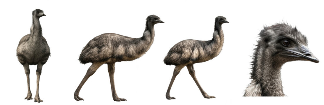 Set of Emu Bird Collection, Realistic Wildlife Animal Illustration in Different Poses, Isolated on Transparent PNG Background, Oil Paint