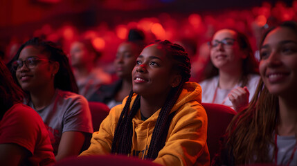 Obraz premium Young woman watching live performance in crowded theater audience, emotional cinematic moment showing focus, inspiration, diversity, and shared cultural experience
