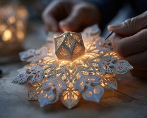 Intricate Handcrafted Paper Snowflake with Warm Glowing Light