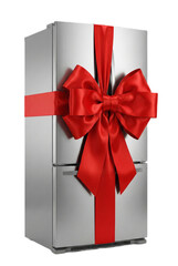 A modern silver refrigerator presented as a gift with a red bow, transparent background