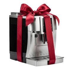 Automatic coffee machine wrapped with a red ribbon, transparent background