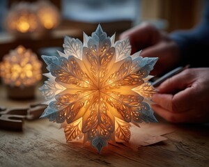 Intricate Paper Snowflake Craft Illuminated by Soft Glow