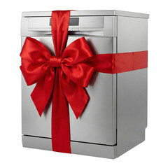 A new stainless steel dishwasher adorned with a festive red bow, transparent background