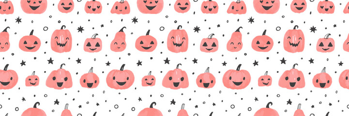 Cute pink Halloween pattern with pumpkins and pastel creates a girly autumn vibe. Seamless design features whimsical pumpkin illustrations perfect for festive fall decor.