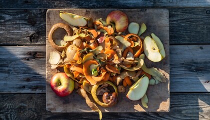 Organic food waste including fruit peels and vegetable scraps, showing household kitchen leftovers, compostable materials, and environmental waste management concept.