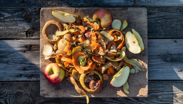 Organic food waste including fruit peels and vegetable scraps, showing household kitchen leftovers, compostable materials, and environmental waste management concept.