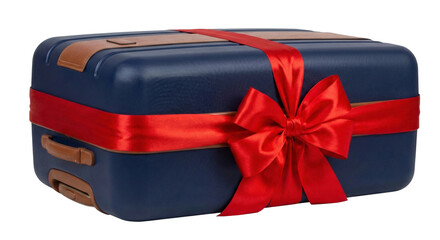 A blue suitcase wrapped with a red ribbon and bow, transparent background