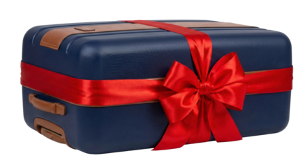A blue suitcase wrapped with a red ribbon and bow, transparent background