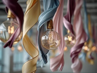 Elegant Hanging Light Bulbs Decorated with Colorful Silk Ribbons