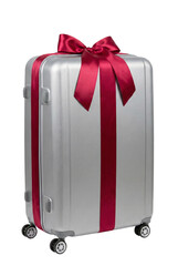 A silver suitcase wrapped with a festive red ribbon, transparent background
