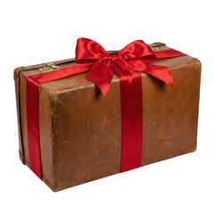 An old leather suitcase wrapped with a red ribbon and bow, transparent background