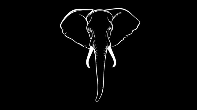 Majestic elephant head outline illustration on black background. Minimalist white line art graphic design of African animal.