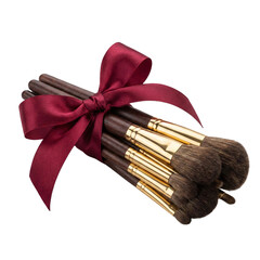 A set of professional makeup brushes tied with a red ribbon, transparent background
