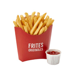A red carton of golden french fries with a side of ketchup, transparent background