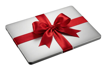 A sleek silver laptop wrapped with a vibrant red ribbon and bow, transparent background