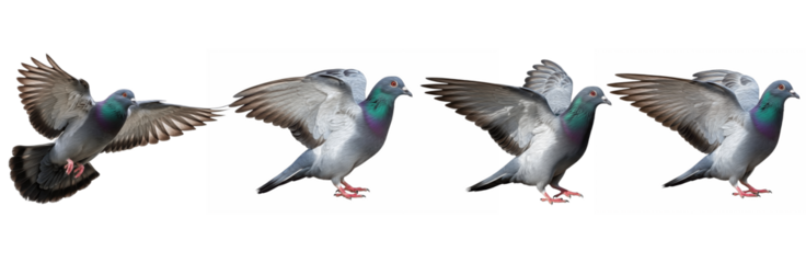 Set / Collection of realistic pigeon bird poses flying and landing, urban wildlife illustration, isolated on transparent PNG background, oil paint