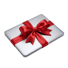A silver laptop wrapped with a festive red ribbon and bow, transparent background