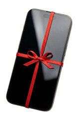 A smartphone wrapped with a red ribbon, presented as a gift, transparent background