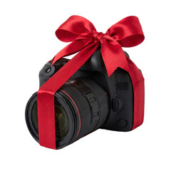 A professional camera wrapped as a gift, transparent background