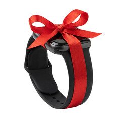 A black smartwatch wrapped with a red ribbon, ready as a gift, transparent background