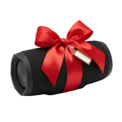 A black portable speaker wrapped with a red ribbon and gift tag, transparent background