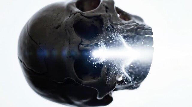 A dark, reflective human skull with a bright light emanating from the right eye socket against a white background