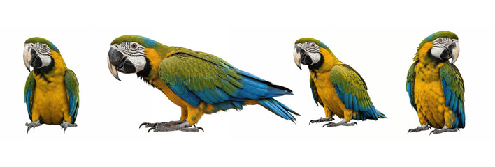 Set / Collection of colorful blue and yellow macaw parrot poses standing and sitting, realistic tropical bird illustration, isolated on transparent PNG background, oil paint