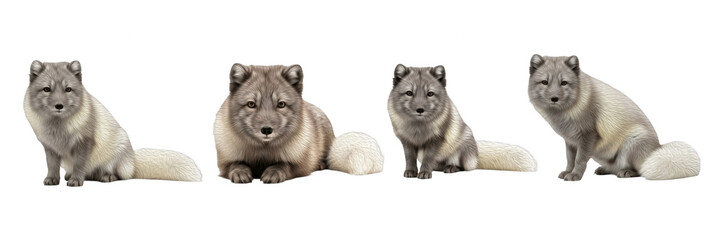 Set / Collection of realistic gray wolf poses sitting, lying and resting, wild animal illustration, isolated on transparent PNG background, oil paint