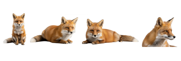 Set / Collection of realistic red fox poses lying, sitting and resting, wild animal illustration, isolated on transparent PNG background, oil paint