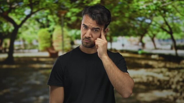 Young hispanic man gestures mindfully in a sunny park surrounded by lush greenery, embodying thoughtfulness and contemplation in an outdoor setting.