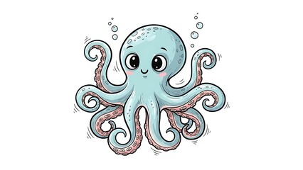 Cartoon Handdrawn Cute Octopus with Big Eyes Isolated on White Background