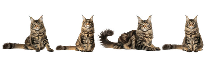 Set / Collection of realistic tabby domestic cat poses sitting and lying, striped feline illustration, isolated on transparent PNG background, oil paint